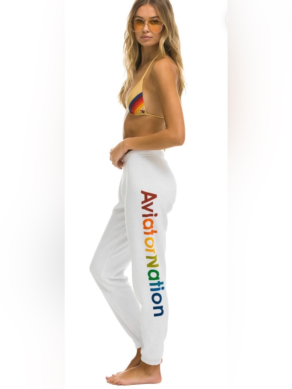 Aviator Nation White Sweatpants with Rainbow Side Logo Size M